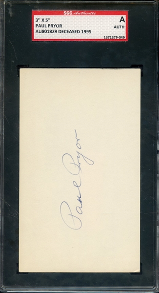 PAUL PRYOR SIGNED 3 X 5 INDEX CARD SGC AUTHENTIC