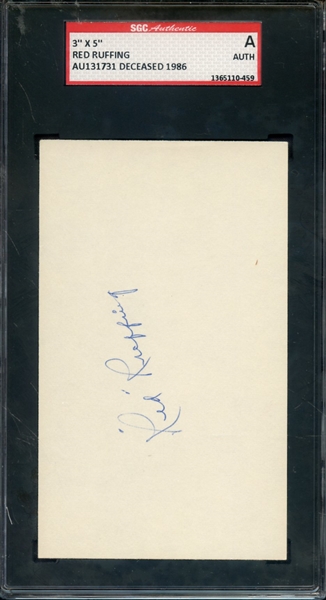 RED RUFFING SIGNED 3 X 5 INDEX CARD SGC AUTHENTIC