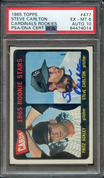 1965 TOPPS 477 SIGNED STEVE CARLTON PSA EX-MT 6 PSA/DNA AUTO 10