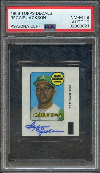 1969 TOPPS DECAL SIGNED REGGIE JACKSON PSA NM-MT 8 PSA/DNA AUTO 10