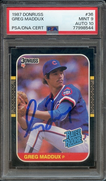 1987 DONRUSS 36 SIGNED GREG MADDUX PSA MINT 9 PSA/DNA AUTO 10