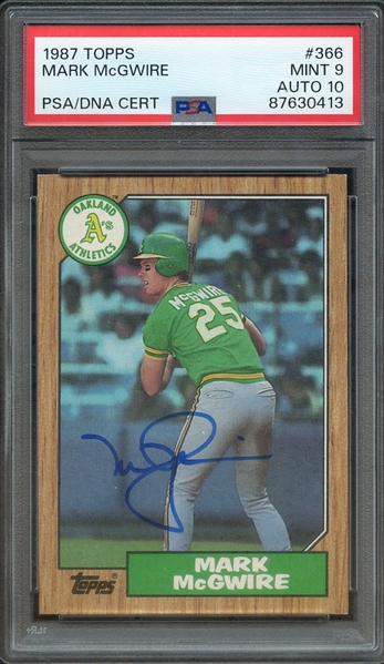 1987 TOPPS 366 SIGNED MARK MCGWIRE PSA MINT 9 PSA/DNA AUTO 10