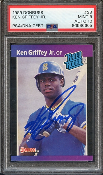 1989 DONRUSS 33 SIGNED KEN GRIFFEY JR PSA MINT 9 PSA/DNA AUTO 10