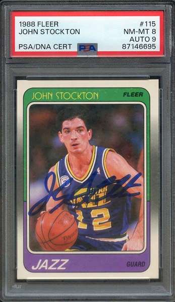 1988 FLEER 115 SIGNED JOHN STOCKTON PSA NM-MT 8 PSA/DNA AUTO 9