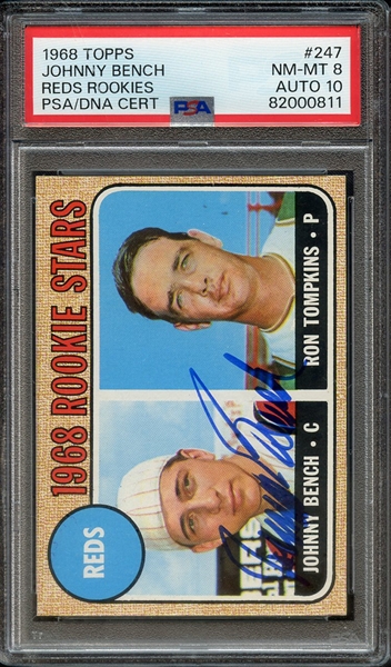 1968 TOPPS 247 SIGNED JOHNNY BENCH PSA NM-MT 8 PSA/DNA AUTO 10