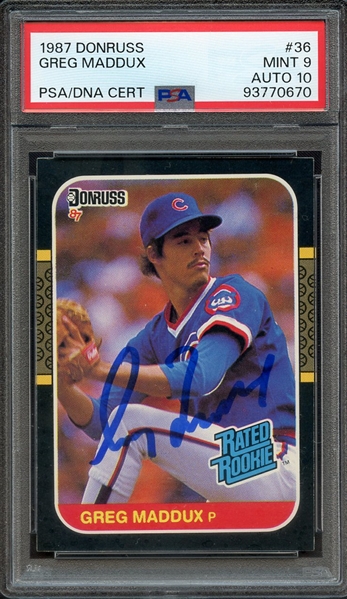 1987 DONRUSS 36 SIGNED GREG MADDUX PSA MINT 9 PSA/DNA AUTO 10