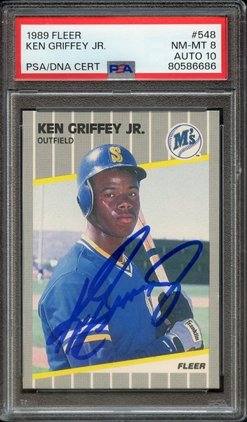 1989 FLEER 548 SIGNED KEN GRIFFEY JR PSA NM-MT 8 PSA/DNA AUTO 10