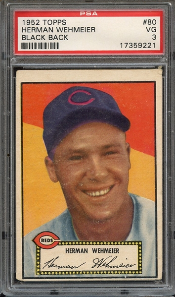 1952 TOPPS 80 BLACK BACK HERMAN WEHMEIER PSA VG 3