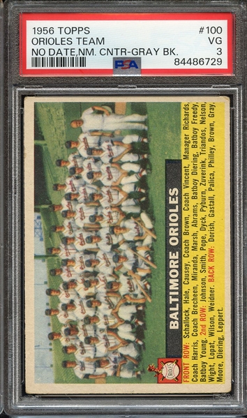 1956 TOPPS 100 NO DATE,NM. CNTR-GRAY BK. ORIOLES TEAM PSA VG 3