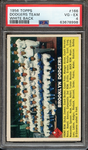 1956 TOPPS 166 WHITE BACK DODGERS TEAM PSA VG-EX 4