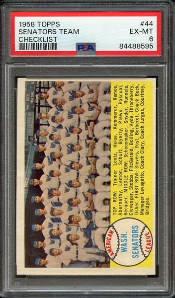 1958 TOPPS 44 CHECKLIST SENATORS TEAM PSA EX-MT 6