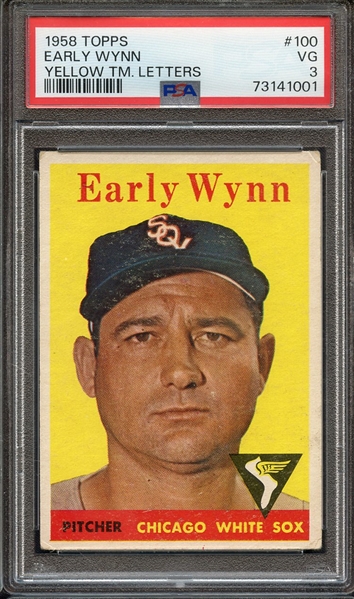 1958 TOPPS 100 YELLOW TM. LETTERS EARLY WYNN PSA VG 3