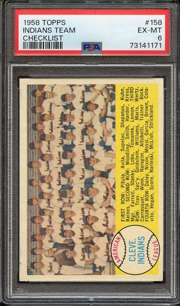 1958 TOPPS 158 CHECKLIST INDIANS TEAM PSA EX-MT 6