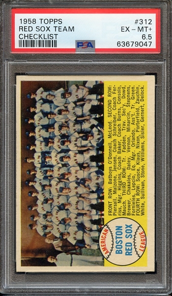 1958 TOPPS 312 CHECKLIST RED SOX TEAM PSA EX-MT+ 6.5