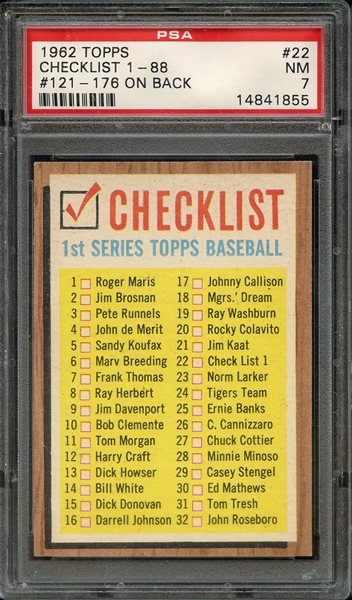 1962 TOPPS 22 #121-176 ON BACK CHECKLIST 1-88 PSA NM 7