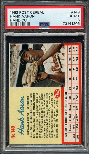 1962 POST CEREAL 149 HAND CUT HANK AARON PSA EX-MT 6