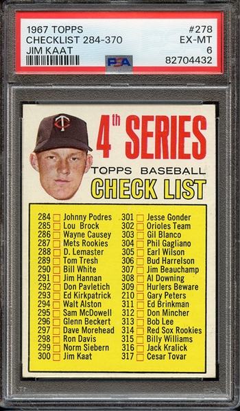 1967 TOPPS 278 JIM KAAT CHECKLIST 284-370 PSA EX-MT 6