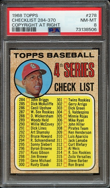 1968 TOPPS 278 COPYRIGHT AT RIGHT CHECKLIST 284-370 PSA NM-MT 8