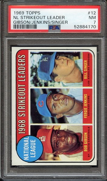 1969 TOPPS 12 GIBSON/JENKINS/SINGER NL STRIKEOUT LEADER PSA NM 7