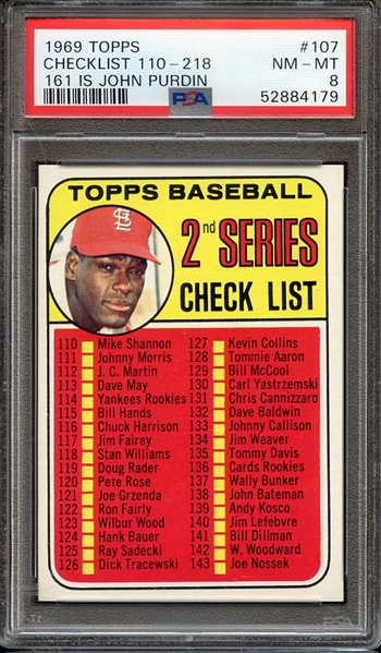 1969 TOPPS 107 161 IS JOHN PURDIN CHECKLIST 110-218 PSA NM-MT 8