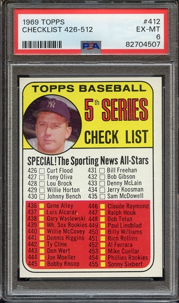 1969 TOPPS 412 CHECKLIST 426-512 PSA EX-MT 6