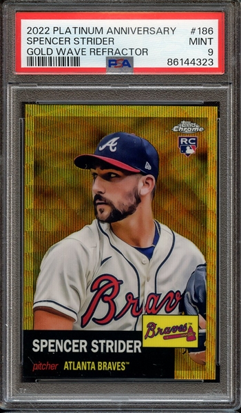 2022 TOPPS CHROME PLATINUM ANNIVERSARY 186 GOLD WAVE REFRACTOR SPENCER STRIDER PSA MINT 9