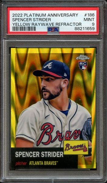 2022 TOPPS CHROME PLATINUM ANNIVERSARY 186 YELLOW RAYWAVE REFRACTOR SPENCER STRIDER PSA MINT 9