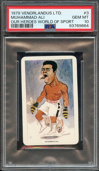 1979 VENORLANDUS LTD. OUR HEROES WORLD OF SPORT 3 OUR HEROES WORLD OF SPORT MUHAMMAD ALI PSA GEM MT 10