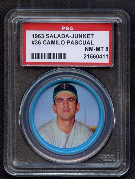 1963 SALADA-JUNKET ALL-STAR BASEBALL 36 A/S BASEBALL CAMILO PASCUAL PSA NM-MT 8