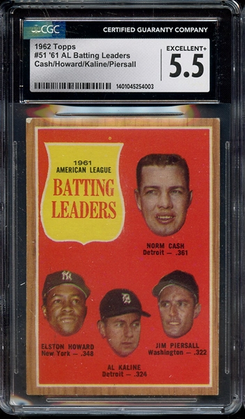 1962 TOPPS 51 AL BATTING LEADERS KALINE CGC EX+ 5.5