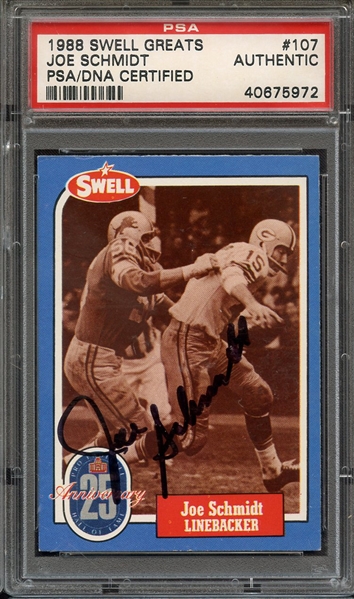 1988 SWELL GREATS 107 SIGNED JOE SCHMIDT PSA/DNA AUTO AUTHENTIC