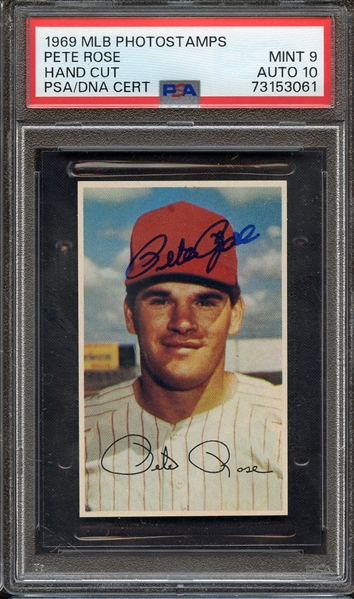 1969 MLB PHOTOSTAMPS SIGNED PETE ROSE PSA MINT 9 PSA/DNA AUTO 10