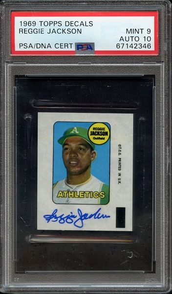 1969 TOPPS DECALS SIGNED REGGIE JACKSON PSA MINT 9 PSA/DNA AUTO 10