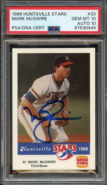 1986 HUTSVILLE STARS 33 SIGNED MARK MCGWIRE PSA GEM MT 10 PSA/DNA AUTO 10