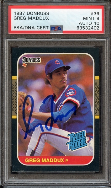 1987 DONRUSS 36 SIGNED GREG MADDUX PSA MINT 9 PSA/DNA AUTO 10