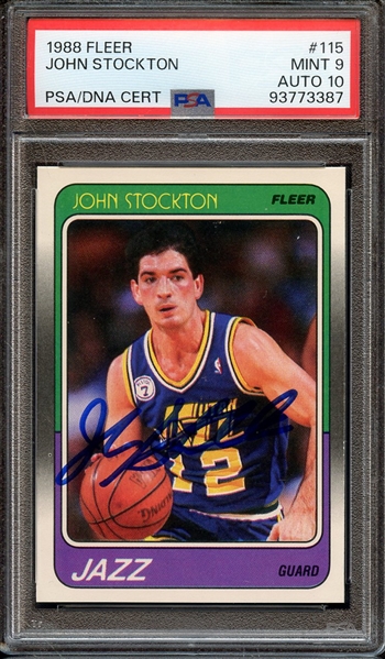 1988 FLEER 115 SIGNED JOHN STOCKTON PSA MINT 9 PSA/DNA AUTO 10