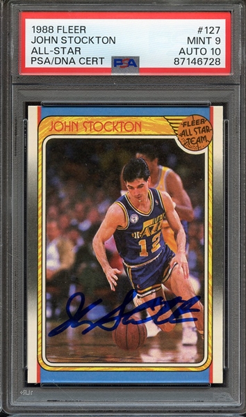 1988 FLEER 127 SIGNED JOHN STOCKTON ALL STAR PSA MINT 9 PSA/DNA AUTO 10