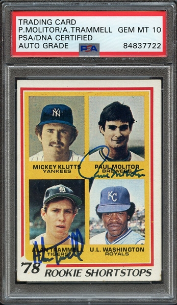 1978 TOPPS 707 DUAL SIGNED PAUL MOLITOR ALAN TRAMMELL PSA/DNA AUTO 10