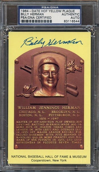 BILLY HERMAN SIGNED HOF POSTCARD PSA/DNA AUTO AUTHENTIC