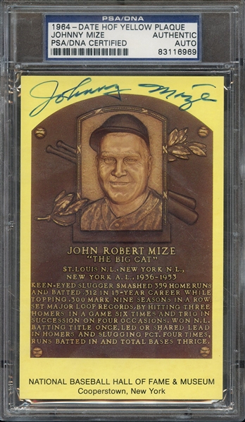 JOHNNY MIZE SIGNED HOF POSTCARD PSA/DNA AUTO AUTHENTIC