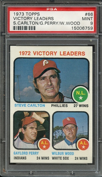 1973 TOPPS 66 VICTORY LEADERS S.CARLTON/G.PERRY/W.WOOD PSA MINT 9