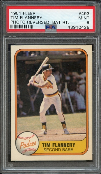 1981 FLEER 493 TIM FLANNERY PHOTO REVERSED, BAT RT. PSA MINT 9