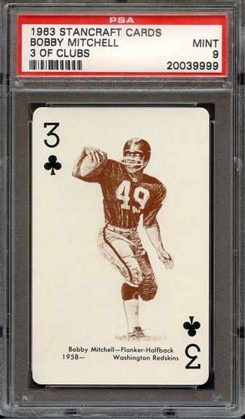 1963 STANCRAFT PLAYING CARDS BOBBY MITCHELL 3 OF CLUBS PSA MINT 9