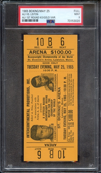 1965 BOXING-FULL FULL ALI VS. LISTON ALI 1ST ROUND KO/GOLD VAR. PSA MINT 9