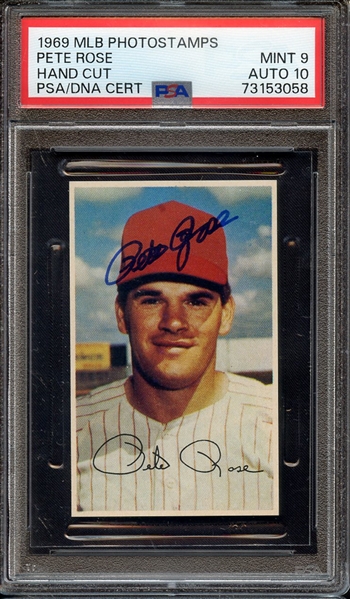 1969 MLB PHOTOSTAMPS SIGNED PETE ROSE PSA MINT 9 PSA/DNA AUTO 10