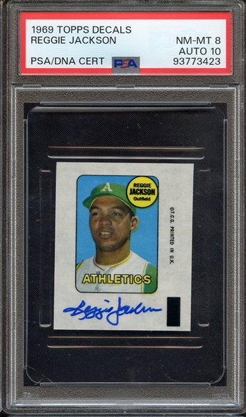 1969 TOPPS DECALS SIGNED REGGIE JACKSON PSA NM-MT 8 PSA/DNA AUTO 10