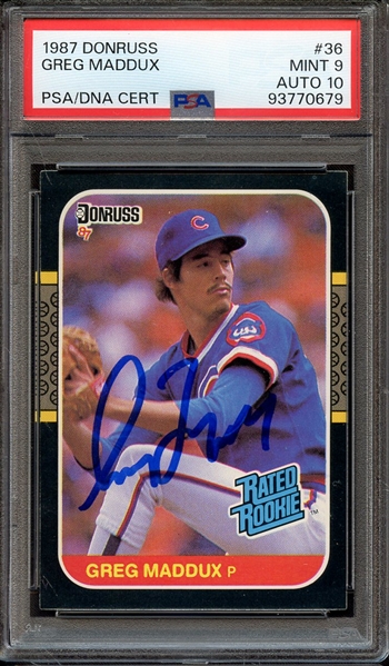 1987 DONRUSS 36 SIGNED GREG MADDUX PSA MINT 9 PSA/DNA AUTO 10