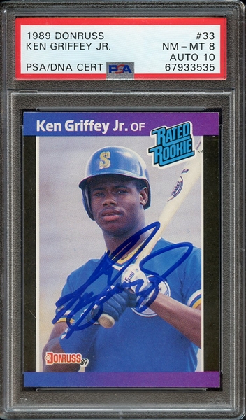 1989 DONRUSS 33 SIGNED KEN GRIFFEY JR PSA NM-MT 8 PSA/DNA AUTO 10