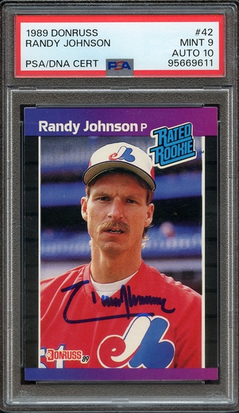 1989 DONRUSS 42 SIGNED RANDY JOHNSON PSA MINT 9 PSA/DNA AUTO 10