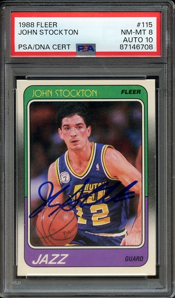 1988 FLEER 115 SIGNED JOHN STOCKTON PSA NM-MT 8 PSA/DNA AUTO 10